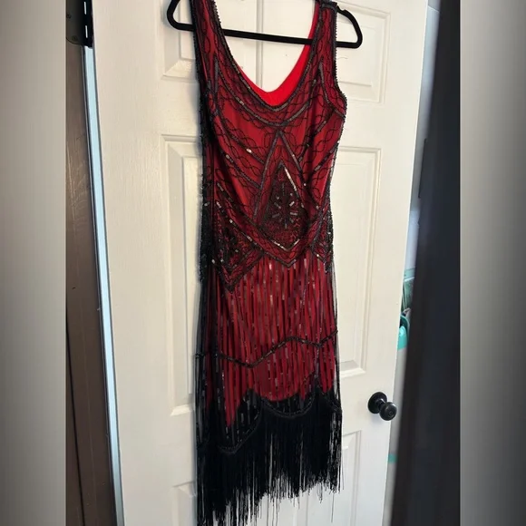Red and Black Beaded Fringe Dress - Picture 1 of 1